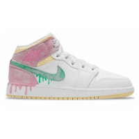 Кроссовки Nike Air Jordan 1 Mid GS Paint Drip белые с розовым