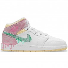 Кроссовки Nike Air Jordan 1 Mid Gs Paint Drip белые с розовым